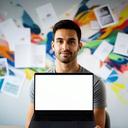 Fondatore di startup davanti a una parete creativa con laptop e materiali di branding