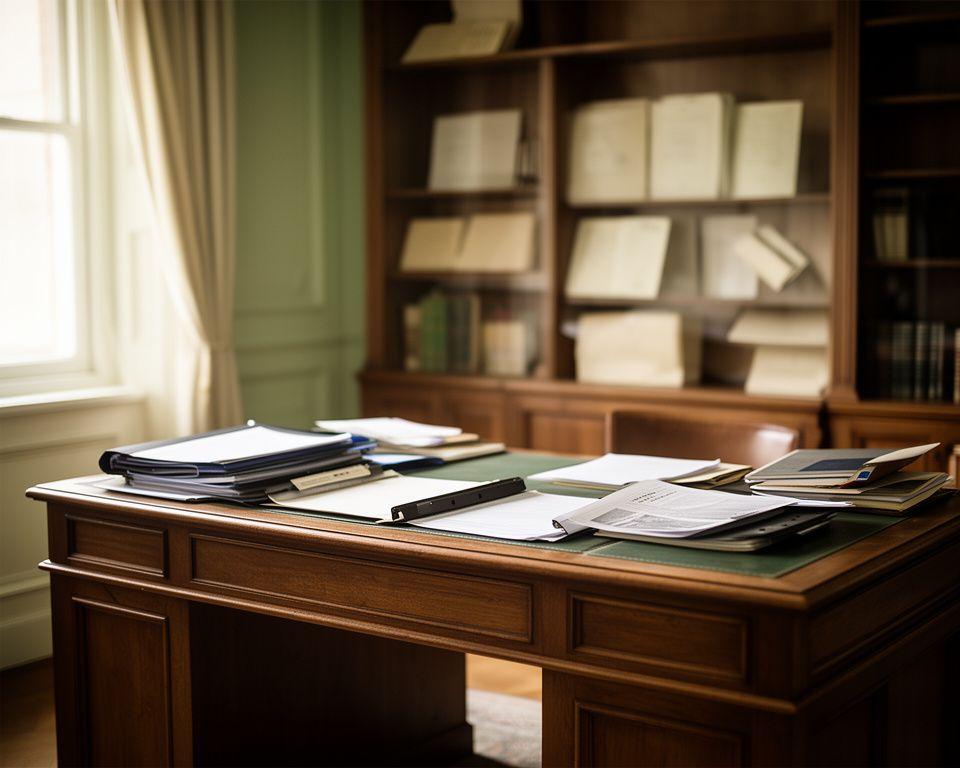 Interno dello studio originario con scrivania in legno, faldoni ordinati e luce naturale in Via del Casaletto