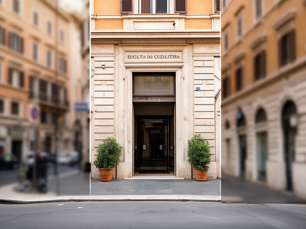 Vista esterna della sede legale a Roma in Via del Casaletto, con ingresso elegante, targa professionale e contesto urbano discreto