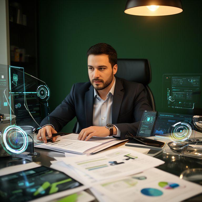 Avvocato specialista in proprietà intellettuale nel proprio studio, con fascicoli e dettagli tecnologici sul tavolo